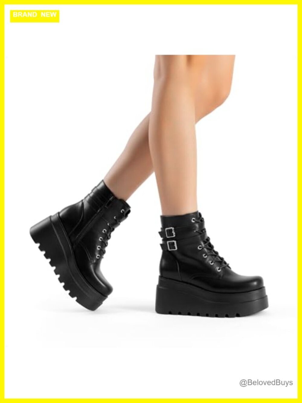 Women's Platform Combat Ankle Boots Chunky High Heel Lace Up Motorcycle Booties - Picture 2 of 7